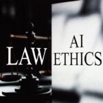 A split image contrasting law and AI ethics, featuring a dark background with scales of justice on the left and the words "Law" and "AI Ethics" displayed in bold text
