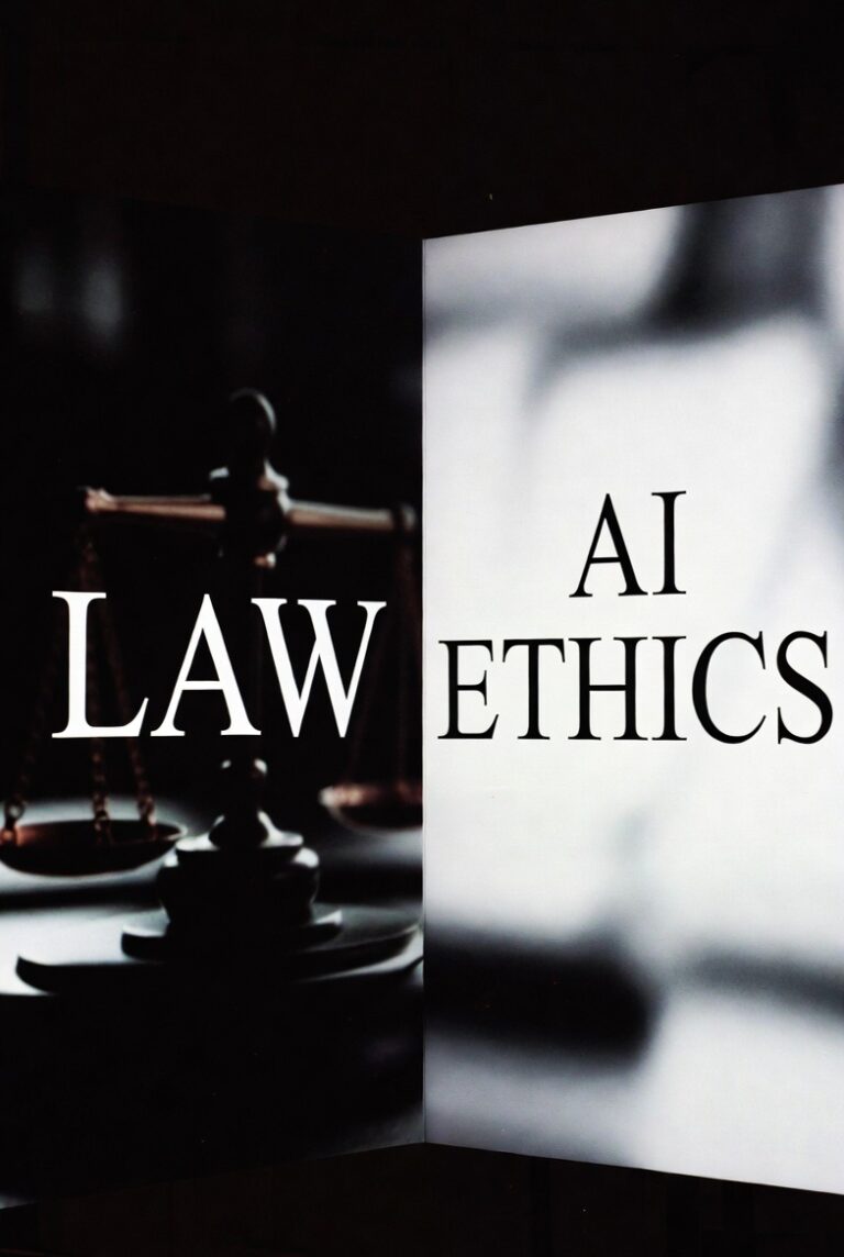 A split image contrasting law and AI ethics, featuring a dark background with scales of justice on the left and the words "Law" and "AI Ethics" displayed in bold text