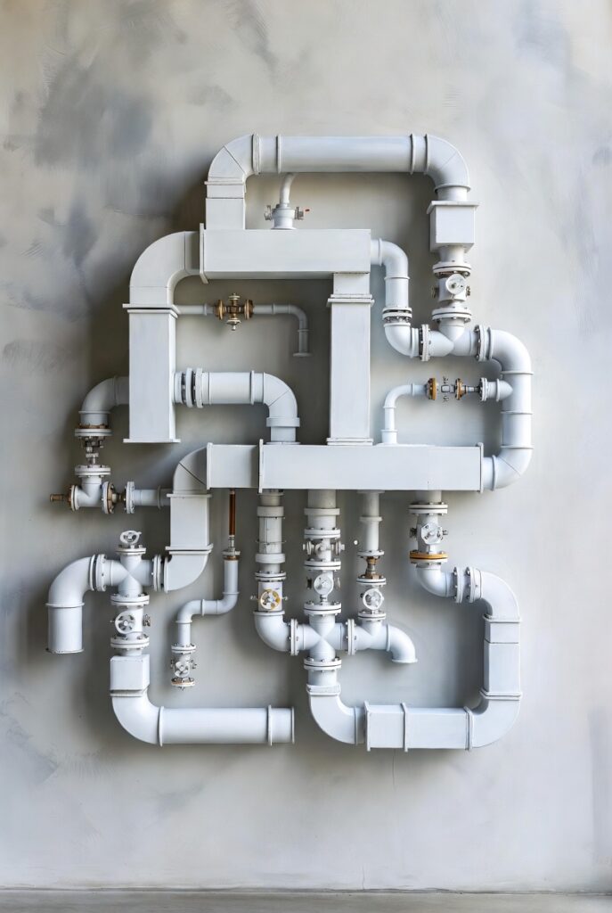 A neatly arranged network of white industrial pipes with multiple valves and joints mounted on a wall, showcasing a complex plumbing or mechanical system