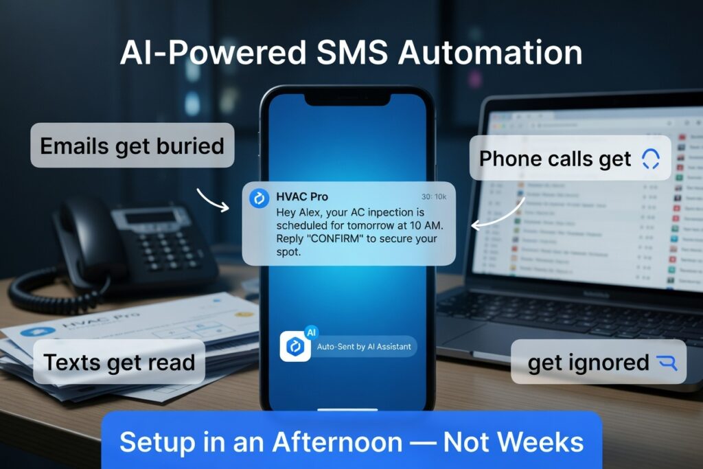 Smartphone displaying an AI auto-sent HVAC Pro appointment confirmation text to a customer named Alex, flanked by labels showing "emails get buried," "phone calls get ignored," and "texts get read," with a desk phone and laptop in the background — setup in an afternoon not weeks