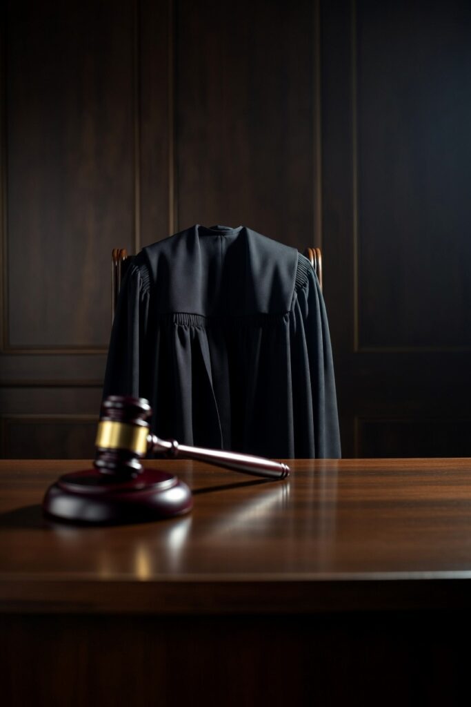 A black judicial robe draped over a wooden chair behind a courtroom bench with a polished wooden gavel in the foreground against a dark background