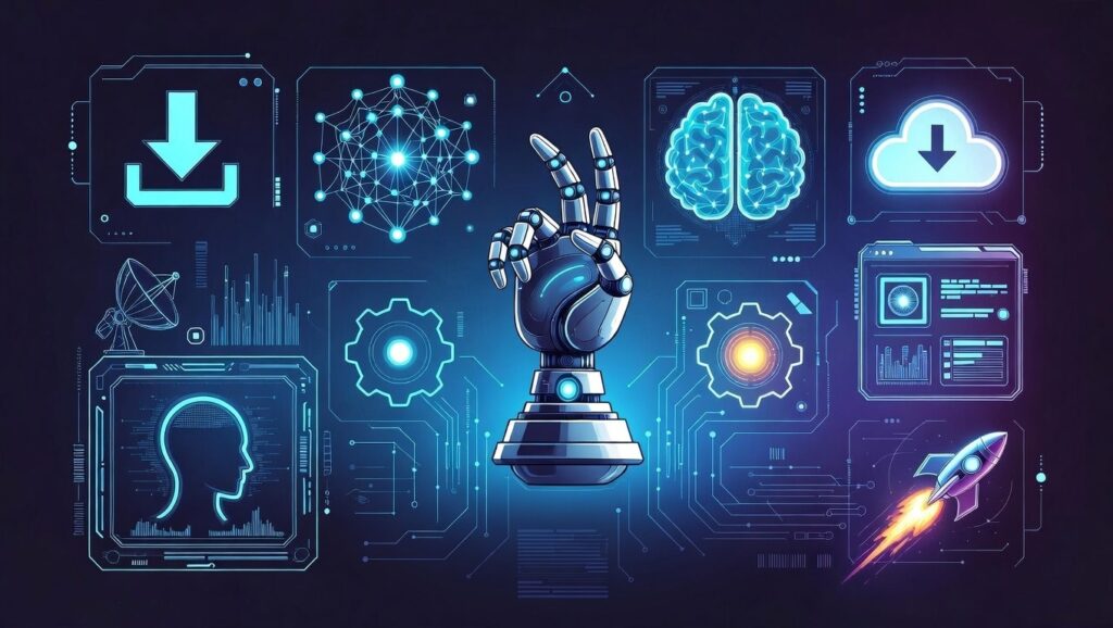 Futuristic illustration of a robotic hand in the center surrounded by glowing blue AI technology icons including a neural network, AI brain, cloud download, satellite dish, gear systems, human silhouette, analytics dashboard, and a rocket on a dark blue circuit board background