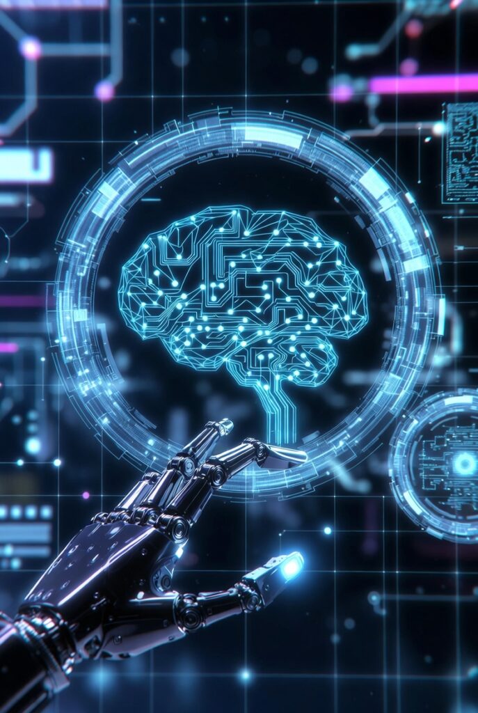 A robotic hand reaching up toward a glowing cyan circuit board brain inside a futuristic holographic ring, surrounded by digital interface panels on a dark background, representing artificial intelligence and machine learning