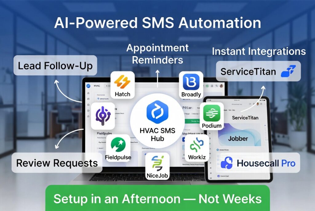 Infographic showing an AI-powered HVAC SMS Hub at the center connected to tools including Hatch, Broadly, Podium, Workiz, NiceJob, Fieldpulse, ServiceTitan, Jobber, and Housecall Pro, with features including lead follow-up, appointment reminders, review requests, and instant integrations — setup in an afternoon not weeks