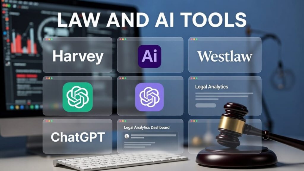 Law and AI Tools - featuring Harvey, Adobe AI, Westlaw, ChatGPT, Legal Analytics, and Legal Analytics Dashboard displayed as floating interface cards with a judge's gavel