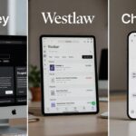 Three legal AI tools side by side: Harvey AI interface on a Mac desktop, Westlaw app on an iPad, and ChatGPT conversation on an iPhone