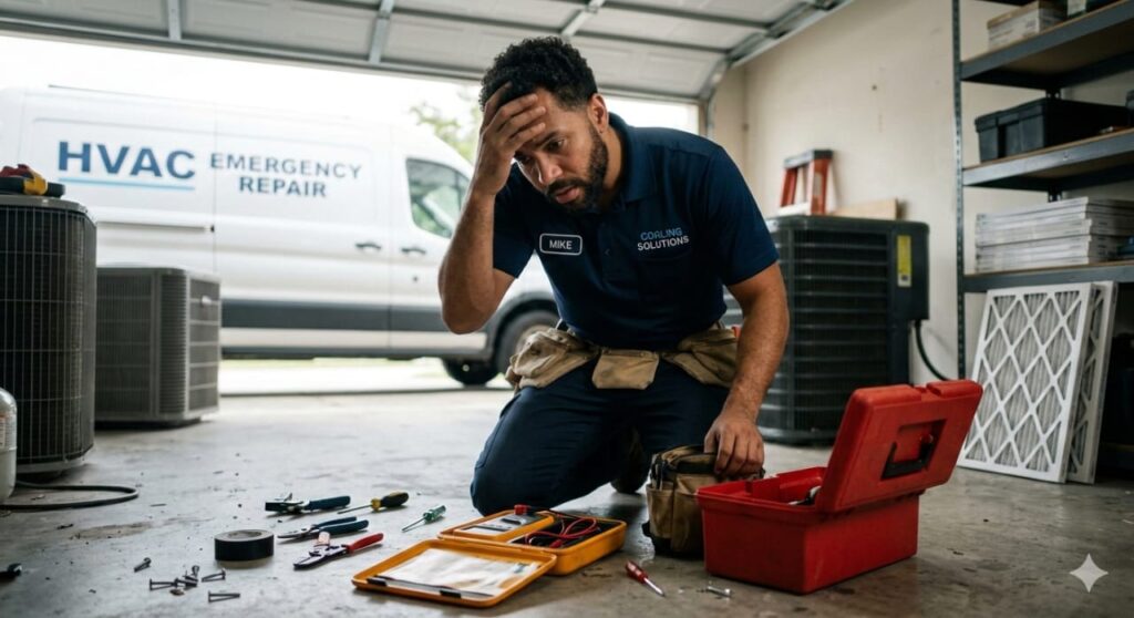 A stressed HVAC technician named Mike from Cooling Solutions kneeling on a garage floor surrounded by tools and a red toolbox, with an HVAC Emergency Repair van in the background