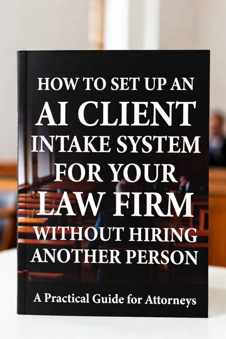 Book titled "How to Set Up an AI Client Intake System for Your Law Firm Without Hiring Another Person – A Practical Guide for Attorneys" displayed on a white surface with a courtroom background