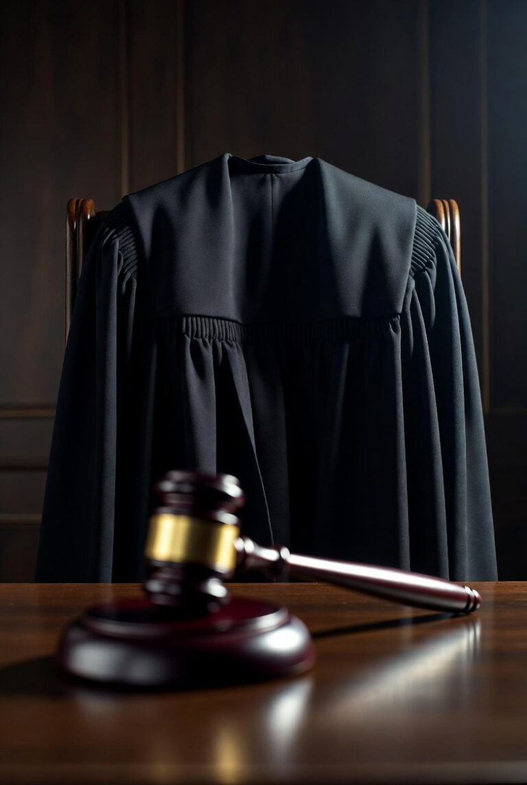 A black judicial robe draped over a wooden chair behind a courtroom bench with a polished wooden gavel in the foreground against a dark background