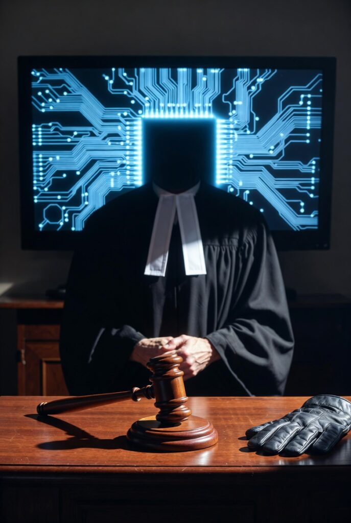 A faceless figure in a judge's robe and white collar tabs holding a gavel at a courtroom bench, with a glowing blue circuit board displayed on a screen behind them symbolizing AI in the legal system