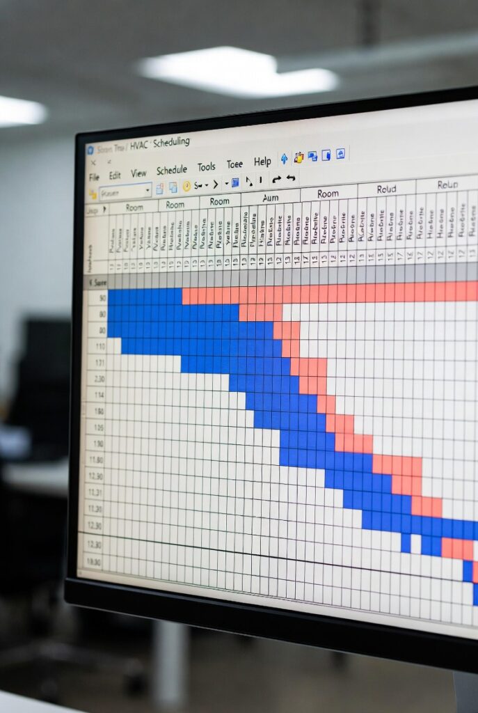 Computer monitor displaying an HVAC scheduling software interface with a color-coded grid chart showing technician or room scheduling in blue and pink blocks