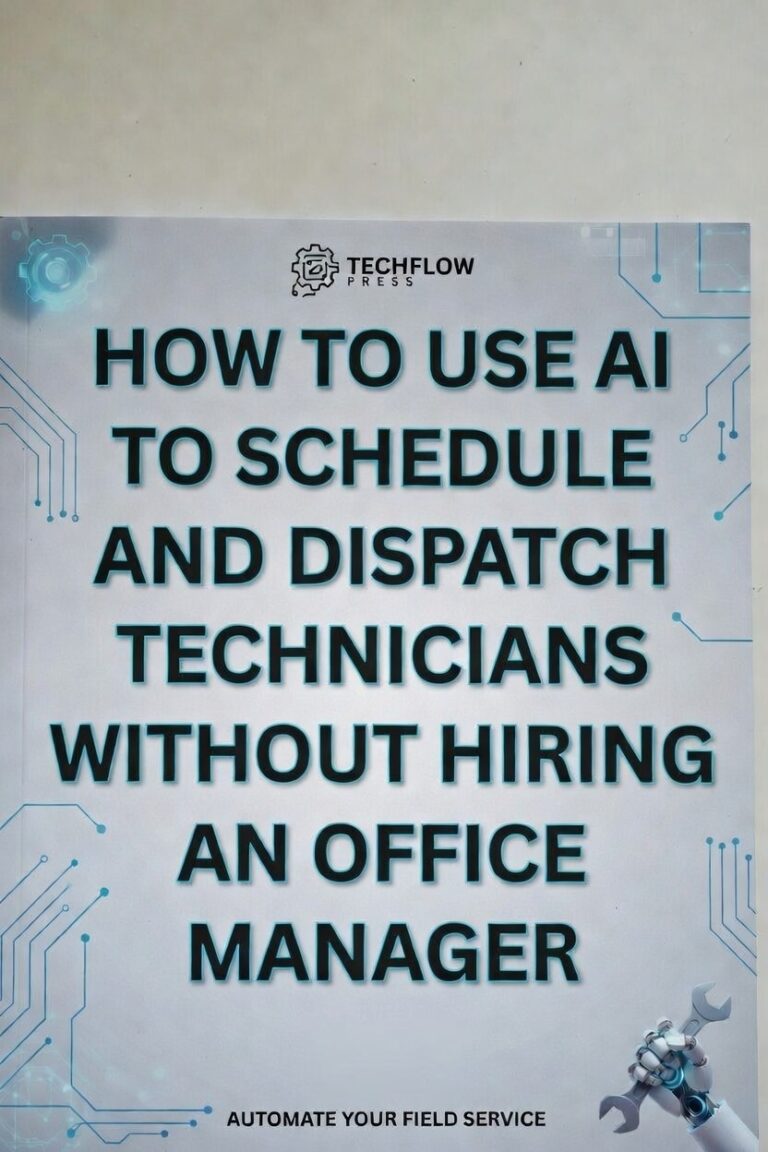 TechFlow Press book cover titled "How to Use AI to Schedule and Dispatch Technicians Without Hiring an Office Manager – Automate Your Field Service" with a robot holding a wrench and circuit board design