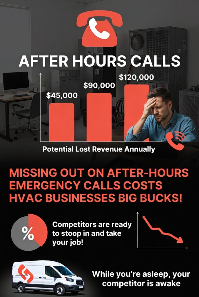 Infographic showing bar chart of potential lost HVAC revenue from missed after-hours calls ranging from $45,000 to $120,000 per year