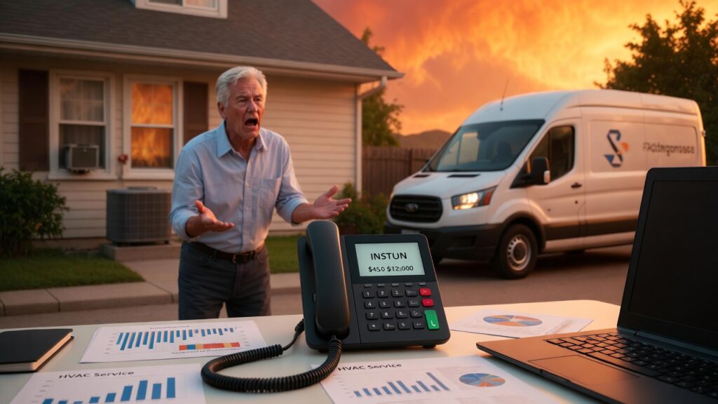 Frustrated homeowner gesturing at broken HVAC unit while service van arrives, with phone showing missed call costs of $450 to $12,000