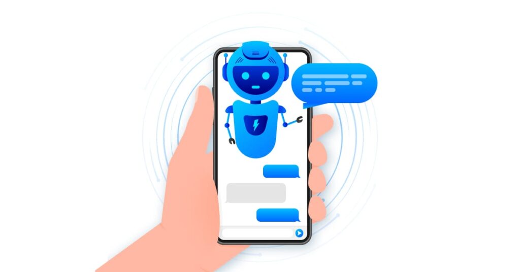 A 2D flat illustration of a blue robot character on a smartphone screen representing an AI chatbot assistant.