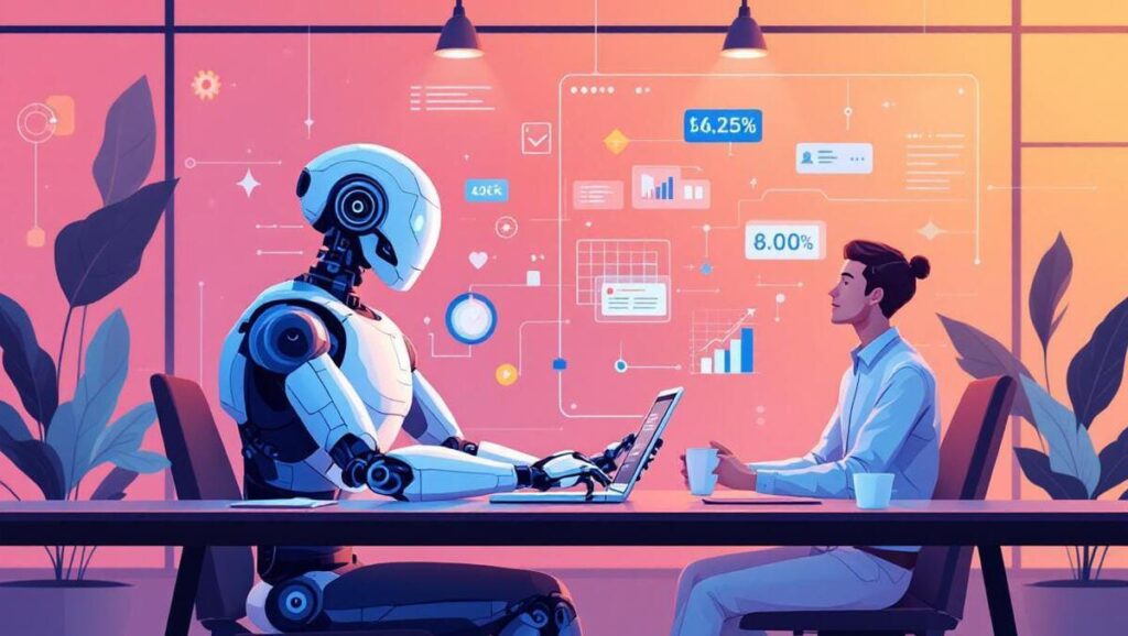 A flat vector illustration of a white and blue robot sitting at a desk opposite a man, both working on laptops.