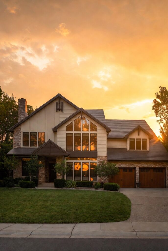 Large two-storey suburban home with stone accents and wood garage doors photographed at sunset
