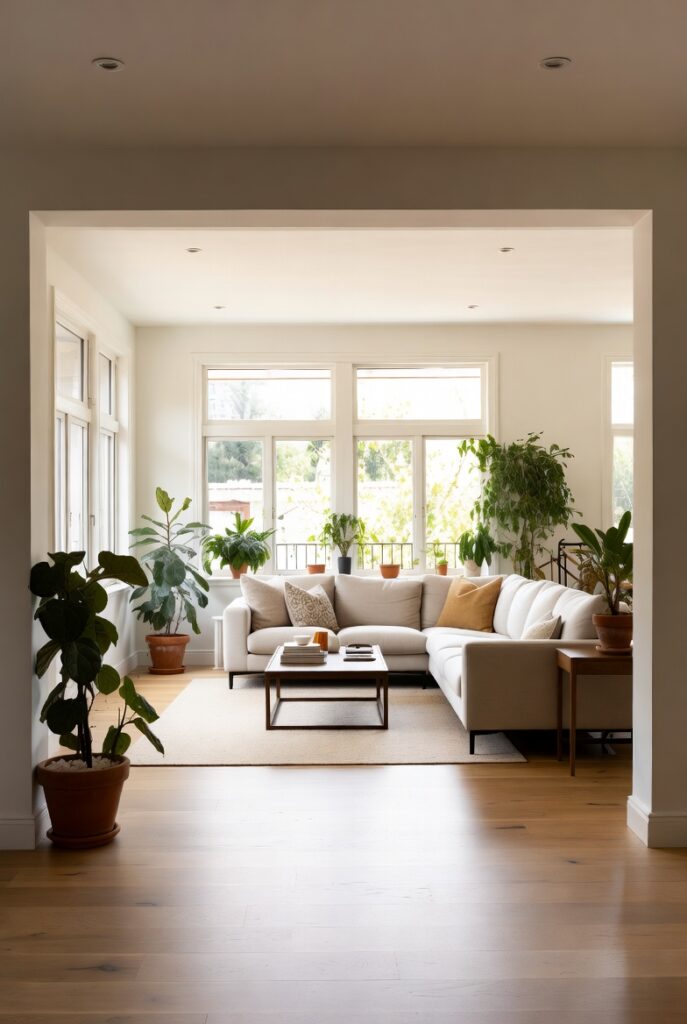  Bright open-plan living room with cream sectional sofa, hardwood floors, and large windows surrounded by indoor plants