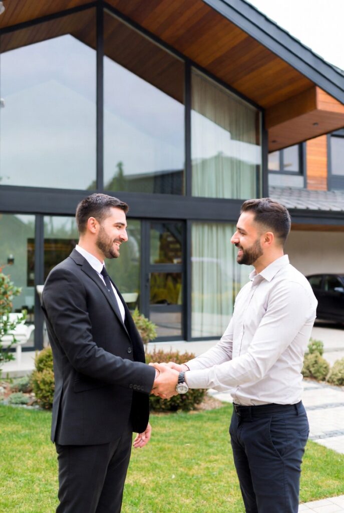 Two men shaking hands and smiling in front of a modern glass-facade home