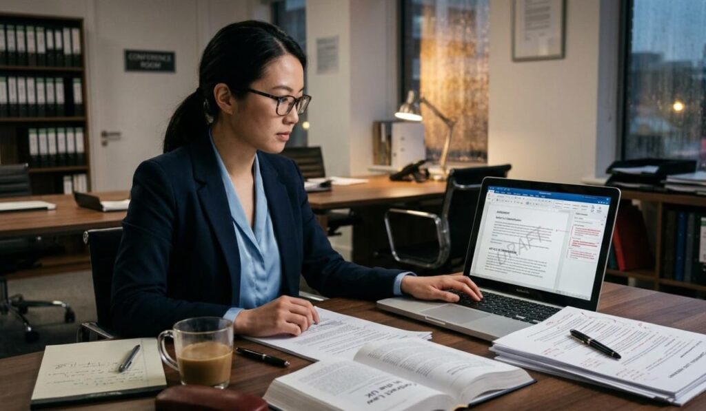 A female lawyer wearing glasses sits at a desk in a law office, reviewing a legal document on a laptop with red-line edits visible.