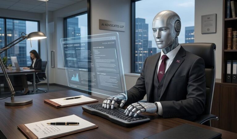 A sleek silver humanoid robot in a suit and tie typing on a keyboard at a desk labeled AI Advocates LLP.