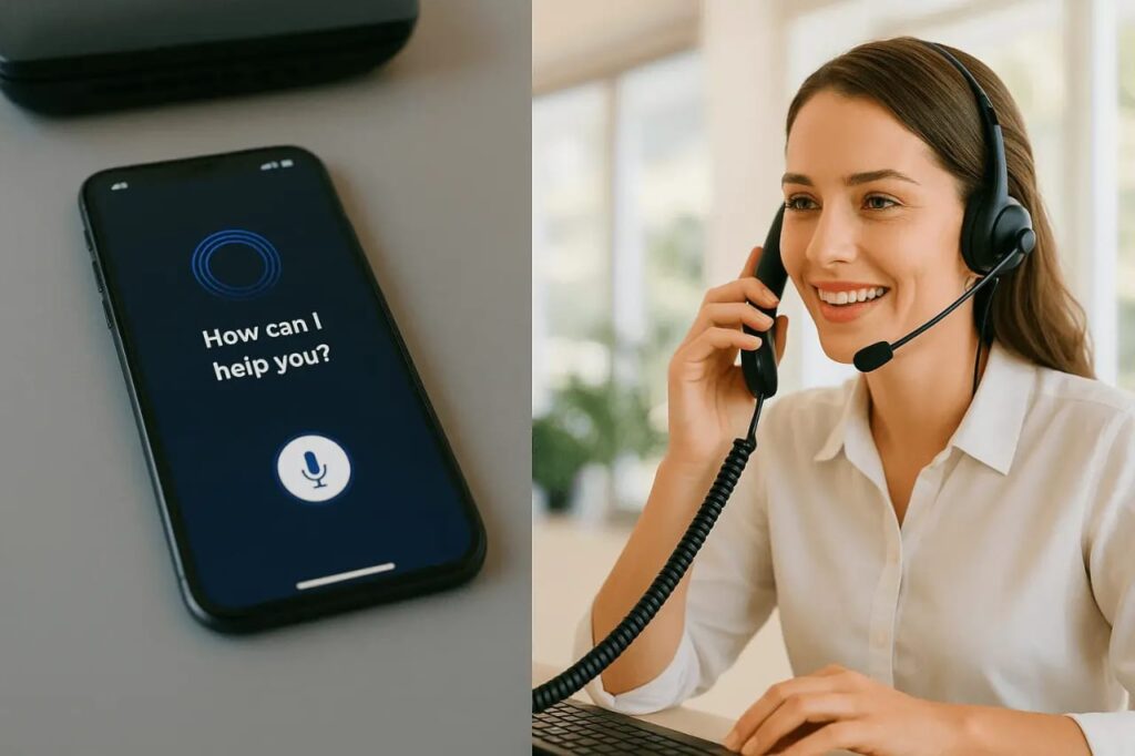 Split image of an AI voice assistant on a smartphone and a smiling female receptionist on a headset