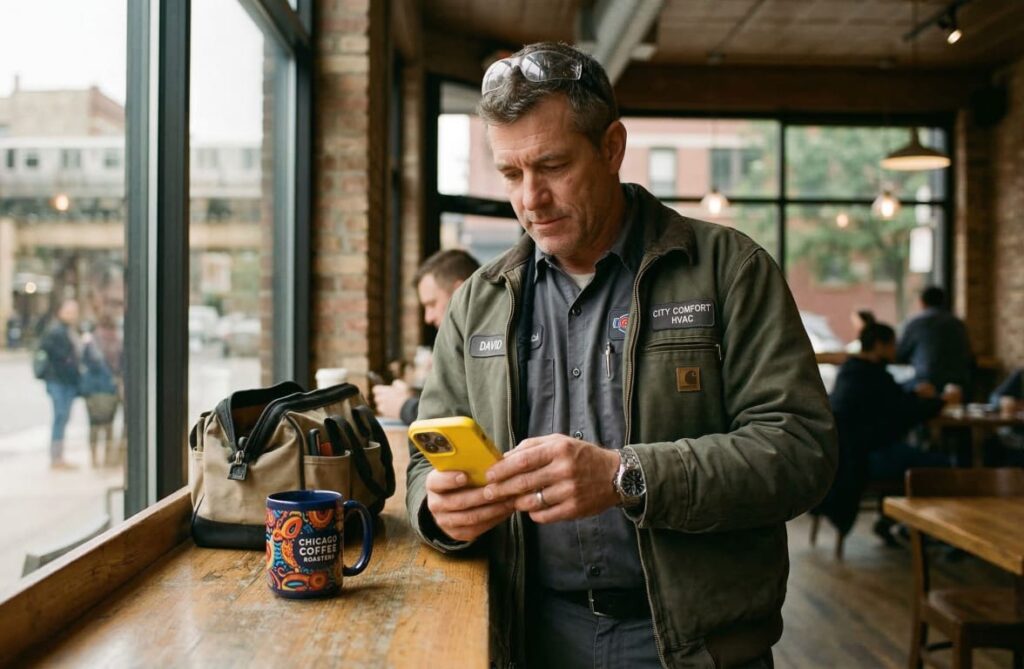 Male HVAC technician standing by a work van outside a residential home holding a phone and clipboard at sunset