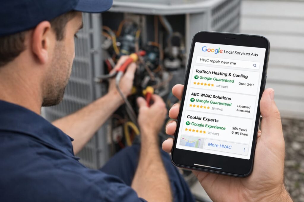 HVAC technician working on a unit while holding a phone showing Google Local Services Ads results for HVAC repair