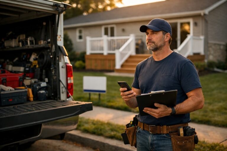 Male HVAC technician standing by a work van outside a residential home holding a phone and clipboard at sunset