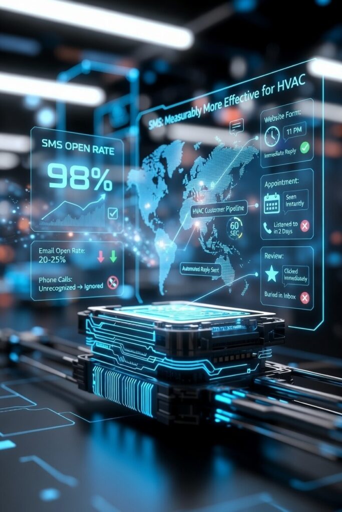 A smiling female technician in blue uniform holding a tablet with floating SMS appointment confirmation bubbles, overlaid with the title "Revolutionizing Service: How AI-Powered SMS Boosts Efficiency and Customer Satisfaction" against a tech office background