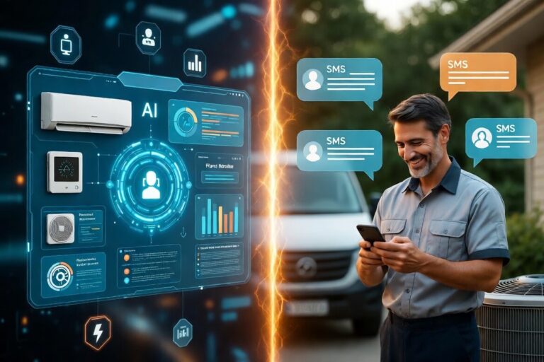 HVAC technician smiling while checking SMS messages on smartphone, with AI dashboard showing smart HVAC systems and customer communication on the left side