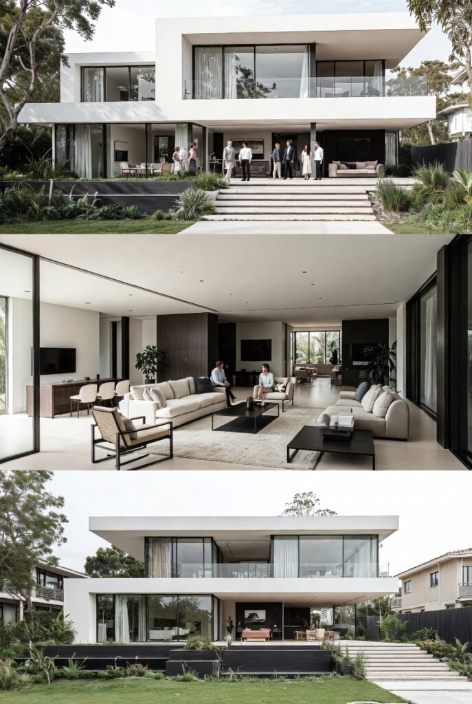 Three-panel image of a modern two-storey luxury home featuring a white flat-roof exterior with floor-to-ceiling glass windows, a group of people on the entrance steps, a spacious open-plan living room with neutral sofas and black coffee tables, and a rear garden view showing the home's contemporary architecture surrounded by mature trees