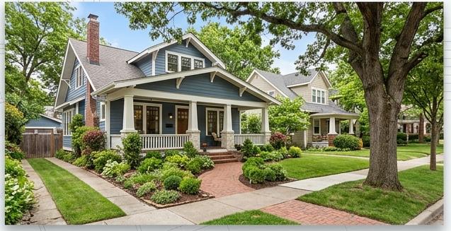 Blue craftsman bungalow with white wrap-around porch, brick pathway, and mature trees in a well-kept residential neighborhood