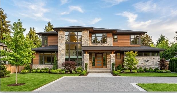 Modern two-story home with natural stone and cedar wood siding, large windows, and manicured front lawn landscaping