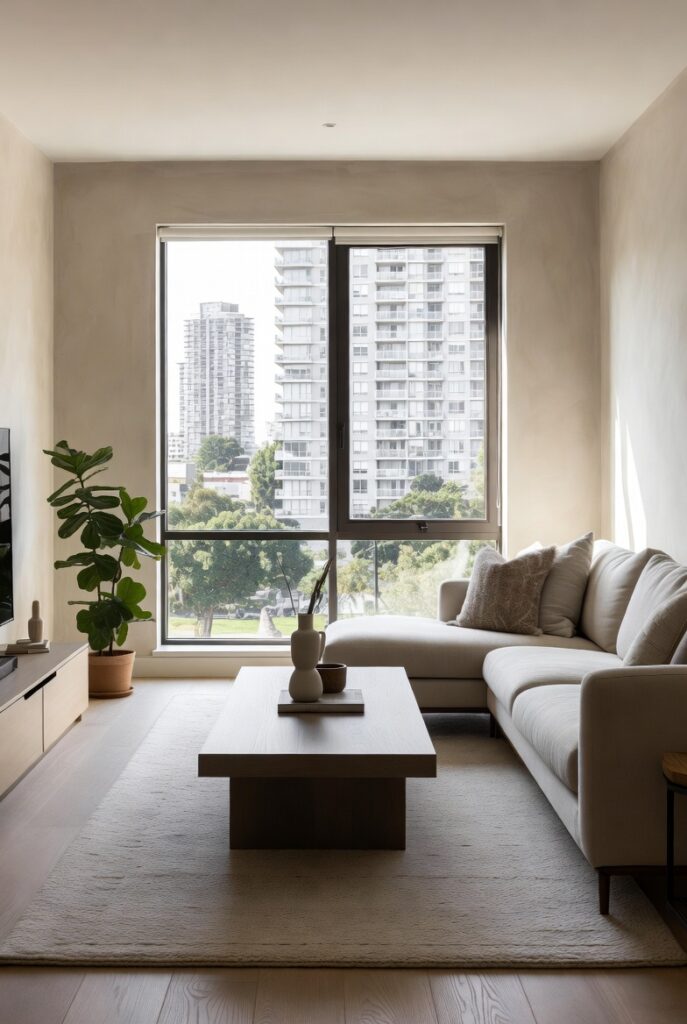 A clean, minimalist living room with a cream sectional sofa, low wooden coffee table, fiddle-leaf fig plant, and large window overlooking a city skyline.