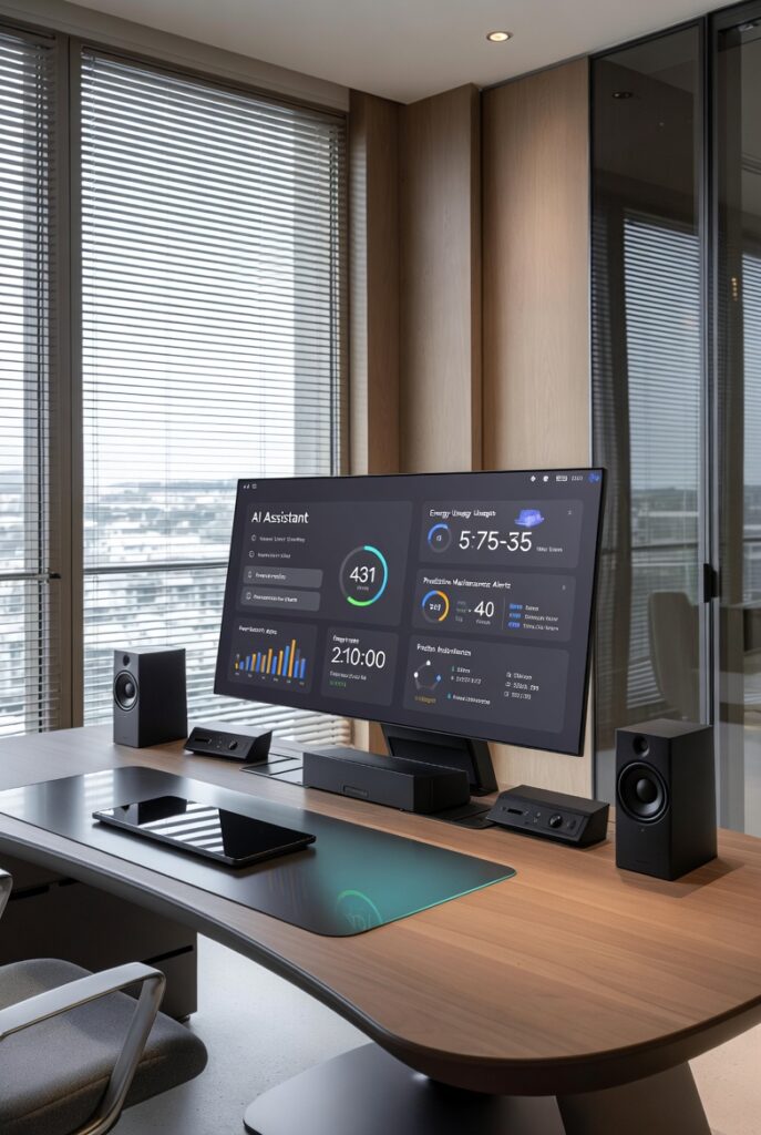 A large monitor on a modern office desk displays an AI Assistant dashboard with energy usage charts, maintenance alerts, and analytics data in a high-rise office setting.