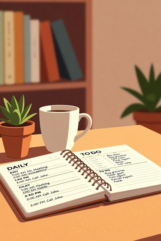 An illustrated open spiral notebook showing a handwritten daily schedule and to-do list beside a coffee mug and small potted plant on a warm-toned desk.