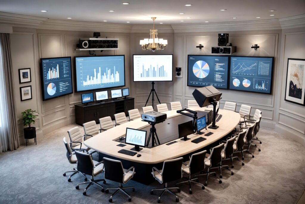 A large oval conference table surrounded by office chairs in a command center room with multiple wall-mounted screens displaying bar charts, pie charts, and performance analytics.