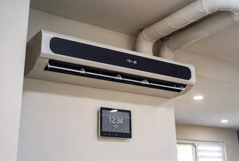 A modern wall-mounted HVAC unit with open vents and exposed ductwork above, alongside a sleek digital thermostat display showing 12:34 and 72°F.