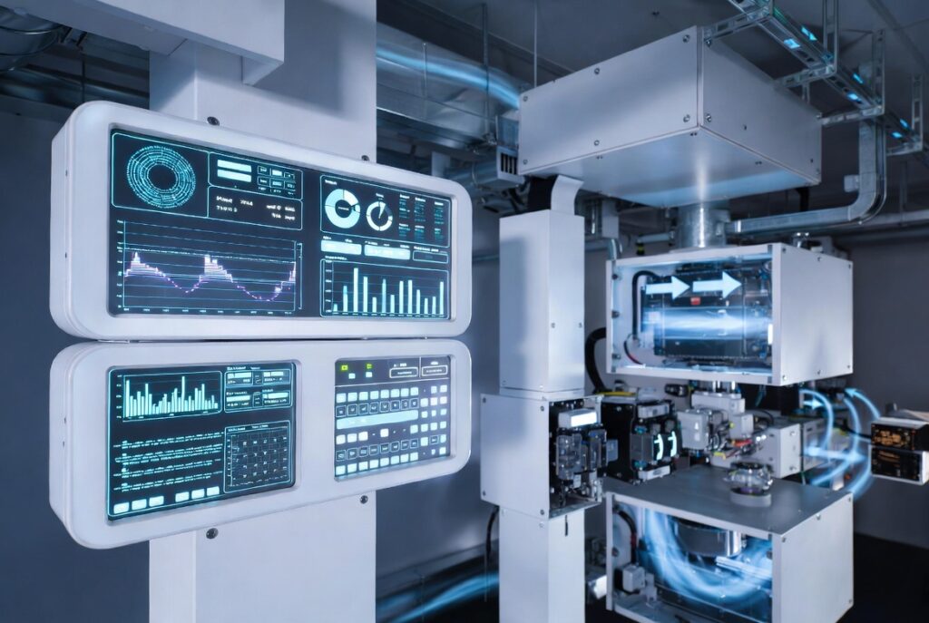 Two futuristic wall-mounted digital control panels displaying real-time analytics graphs, performance charts, and system diagnostics in a high-tech HVAC operations facility with glowing blue data cables.