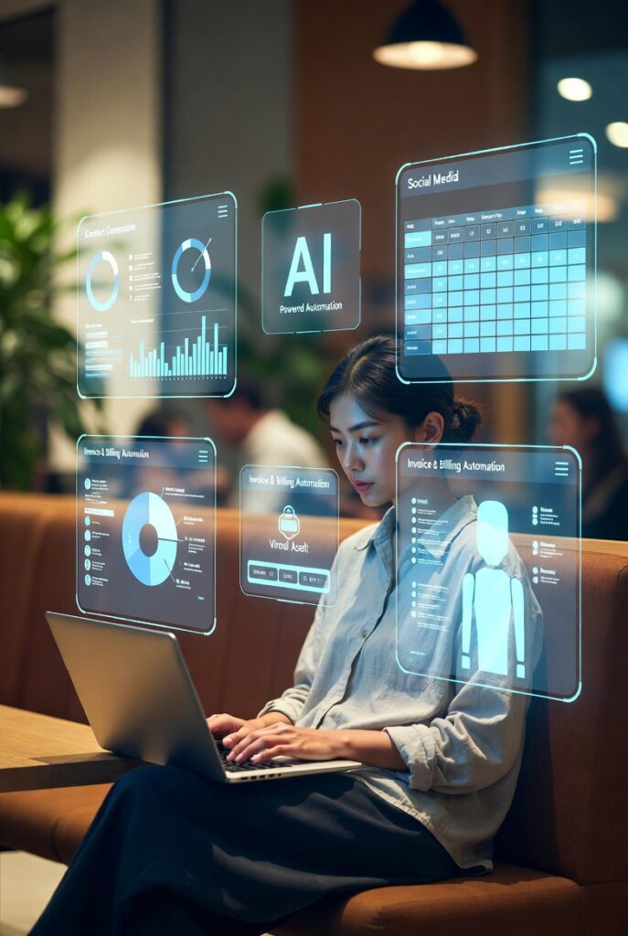 Professional using AI-powered automation tools for content generation, invoicing, and social media management