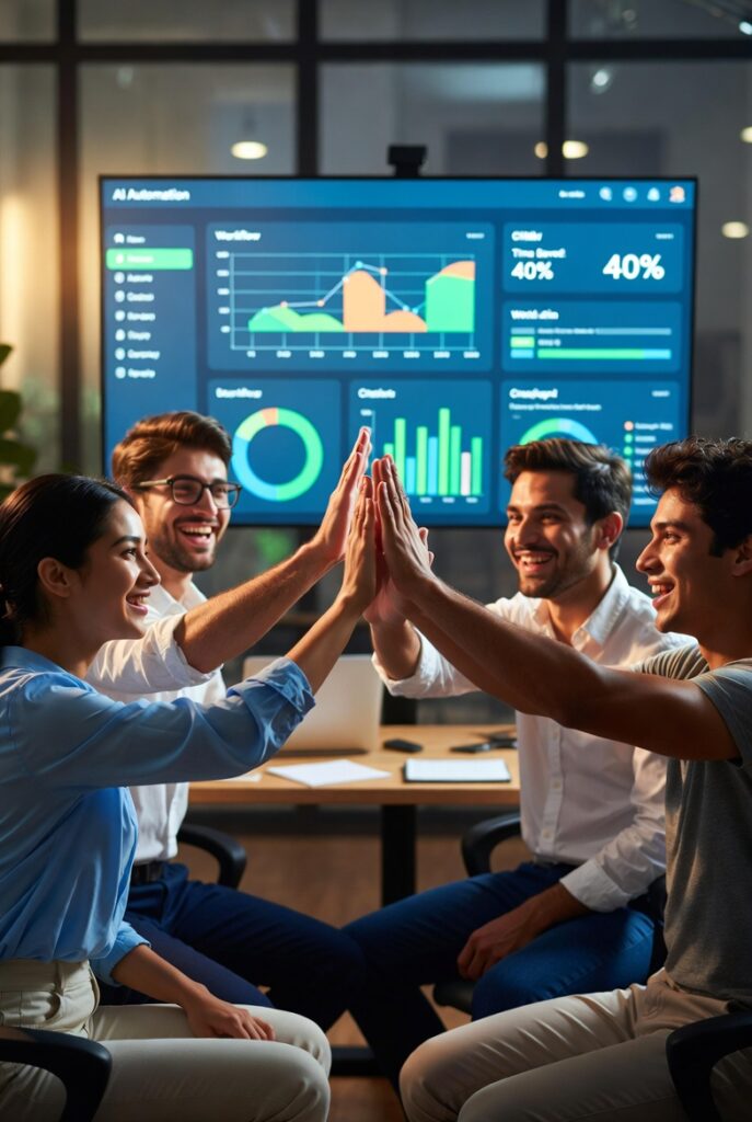 Small business team celebrating results after implementing AI automation, showing 40% time saved on dashboard