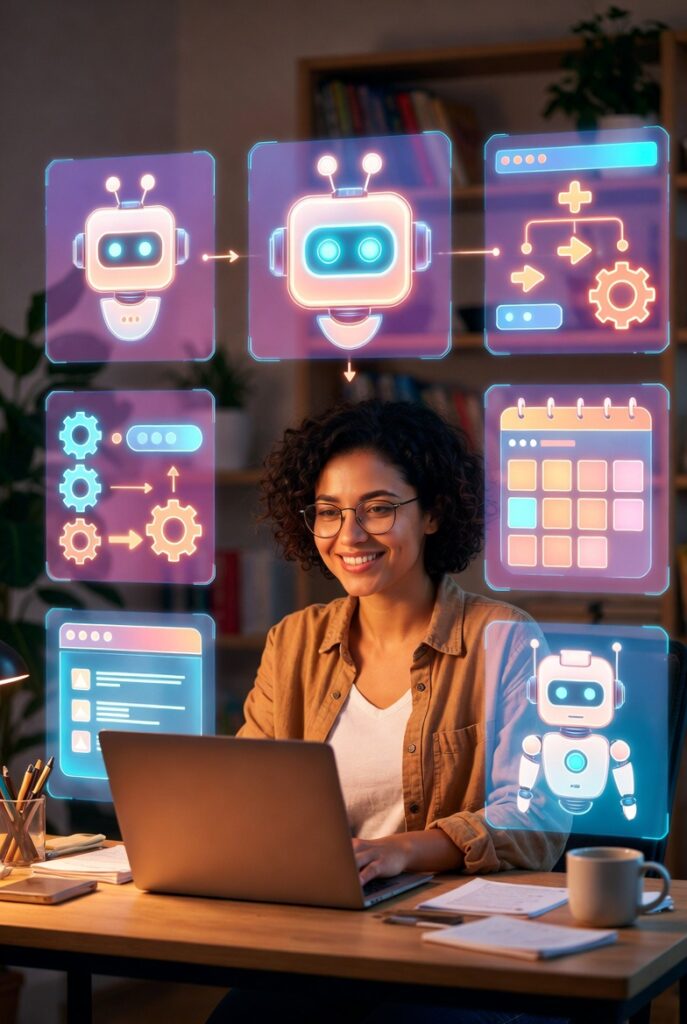 Business owner smiling at laptop surrounded by AI chatbot and automated workflow icons