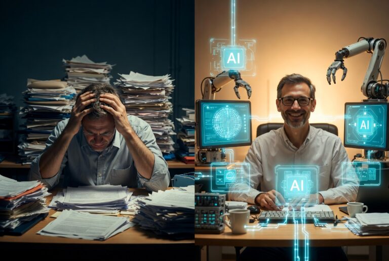 Small business owner overwhelmed with paperwork vs. relaxed and productive with AI automation tools