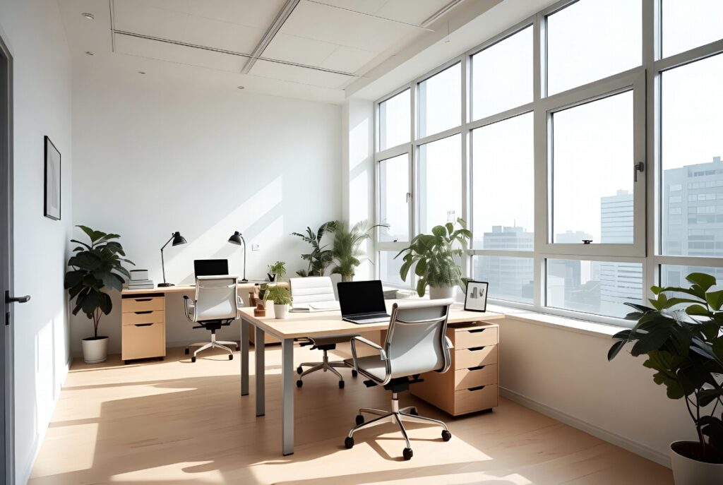 Bright modern office interior with wooden desks, ergonomic chairs, large windows, and green plants