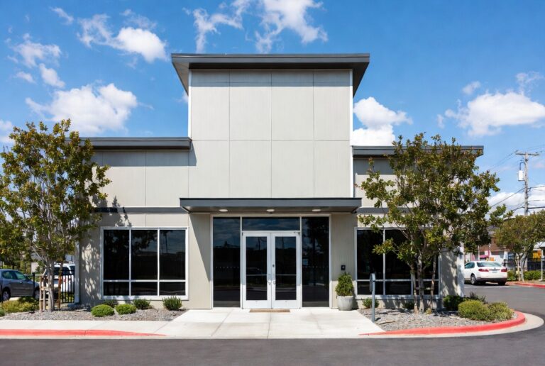 Modern beige commercial building with large glass windows and entrance on a sunny day
