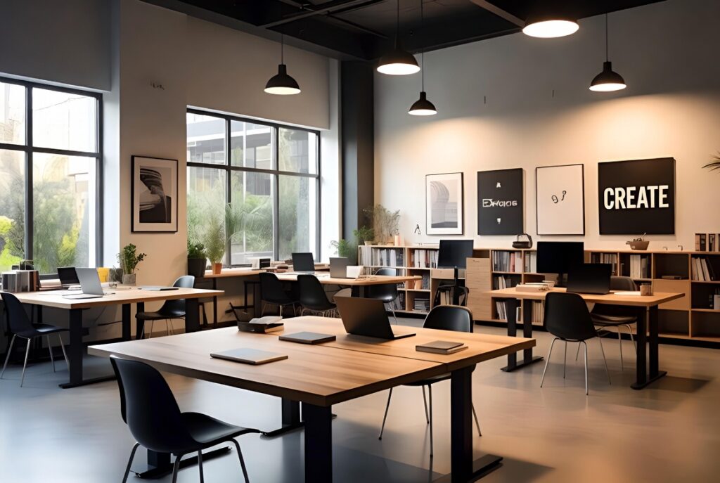 Modern creative open office with wooden desks, black chairs, computers, and motivational wall art including CREATE sign