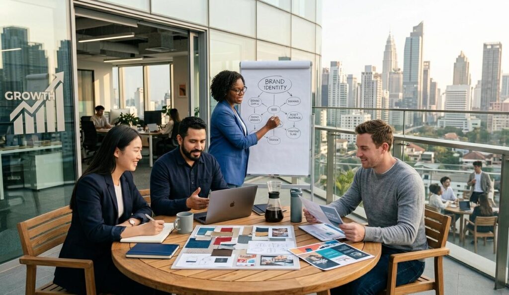 A diverse professional team sitting around a wooden outdoor table on a high-rise balcony, discussing brand identity documents with a city skyline in the background.
