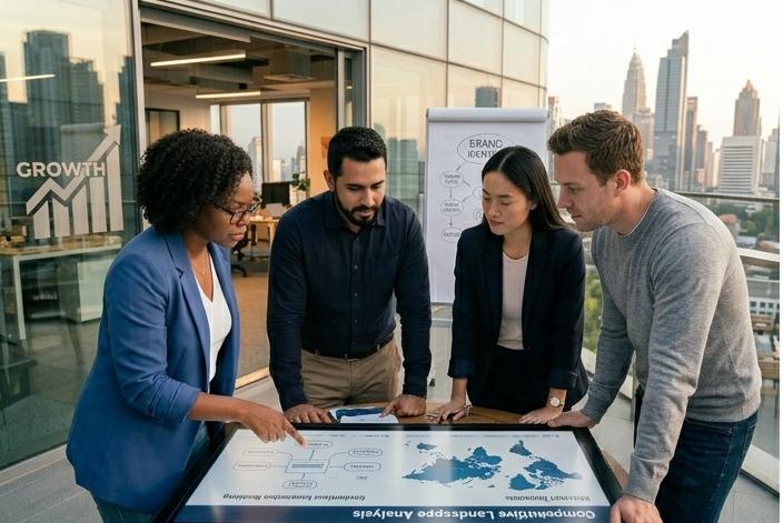 Four professionals leaning over a large digital touch-table displaying a world map and a competitive landscape analysis diagram in an outdoor office setting.