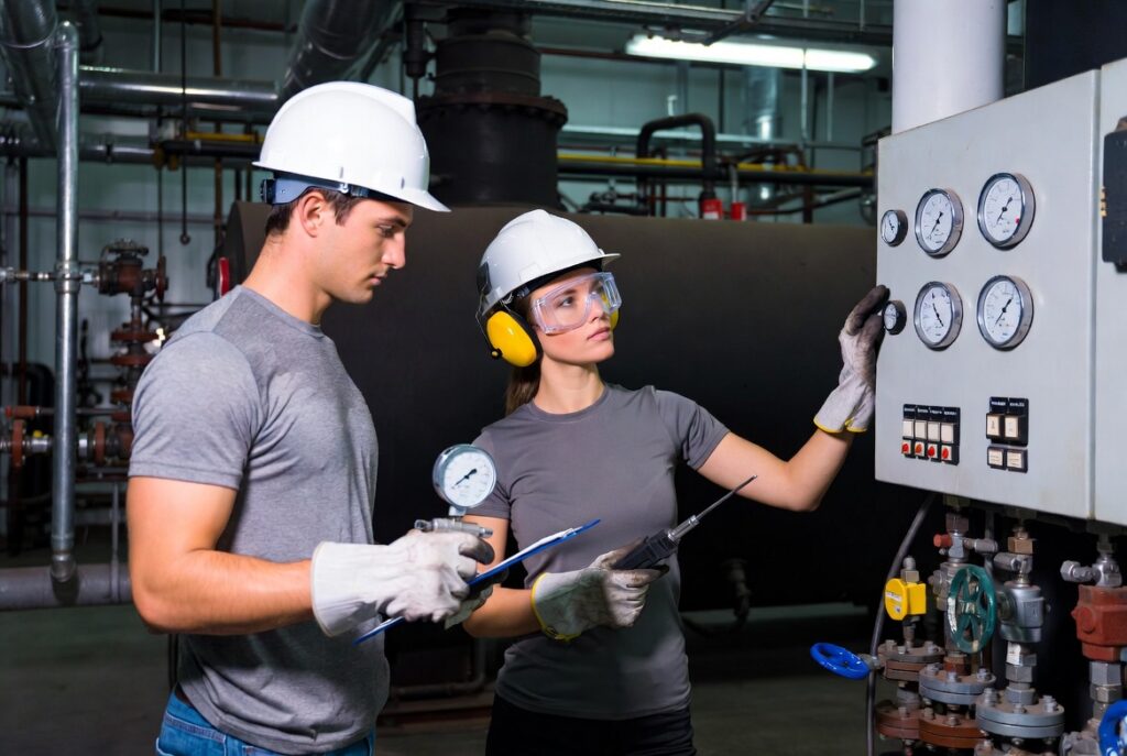 Two HVAC technicians in hard hats and gloves checking pressure gauges on an industrial control panel